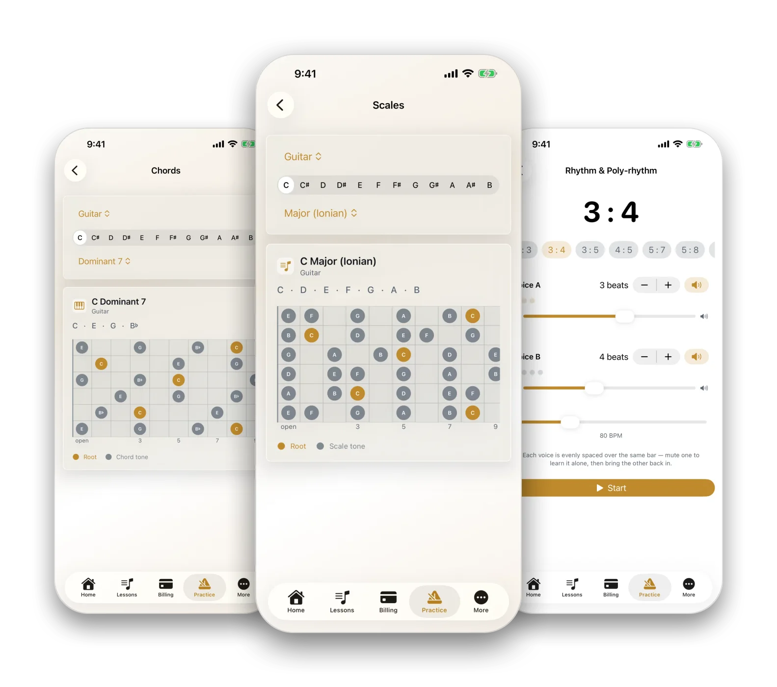 Three iPhones side by side showing the Practice app: chords drawn on a guitar fretboard, C major scale on a fretboard in the middle, and the three-against-four poly-rhythm trainer.