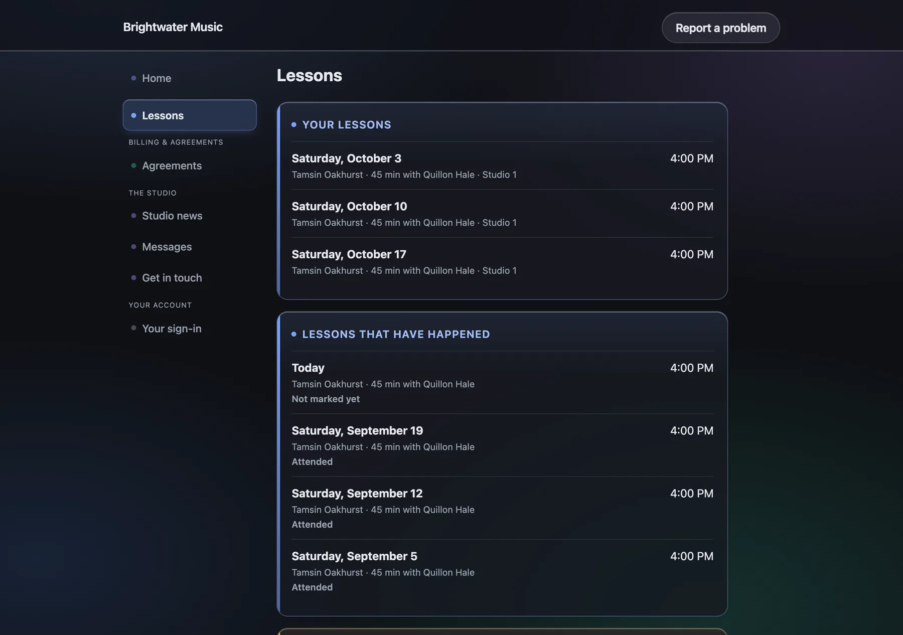 The family portal's lessons page. A sidebar lists Home, Lessons, Agreements, Studio news, Messages, Get in touch and the account's own settings. The main column shows upcoming lessons with their teacher and room, then lessons that have already happened with their attendance marked.