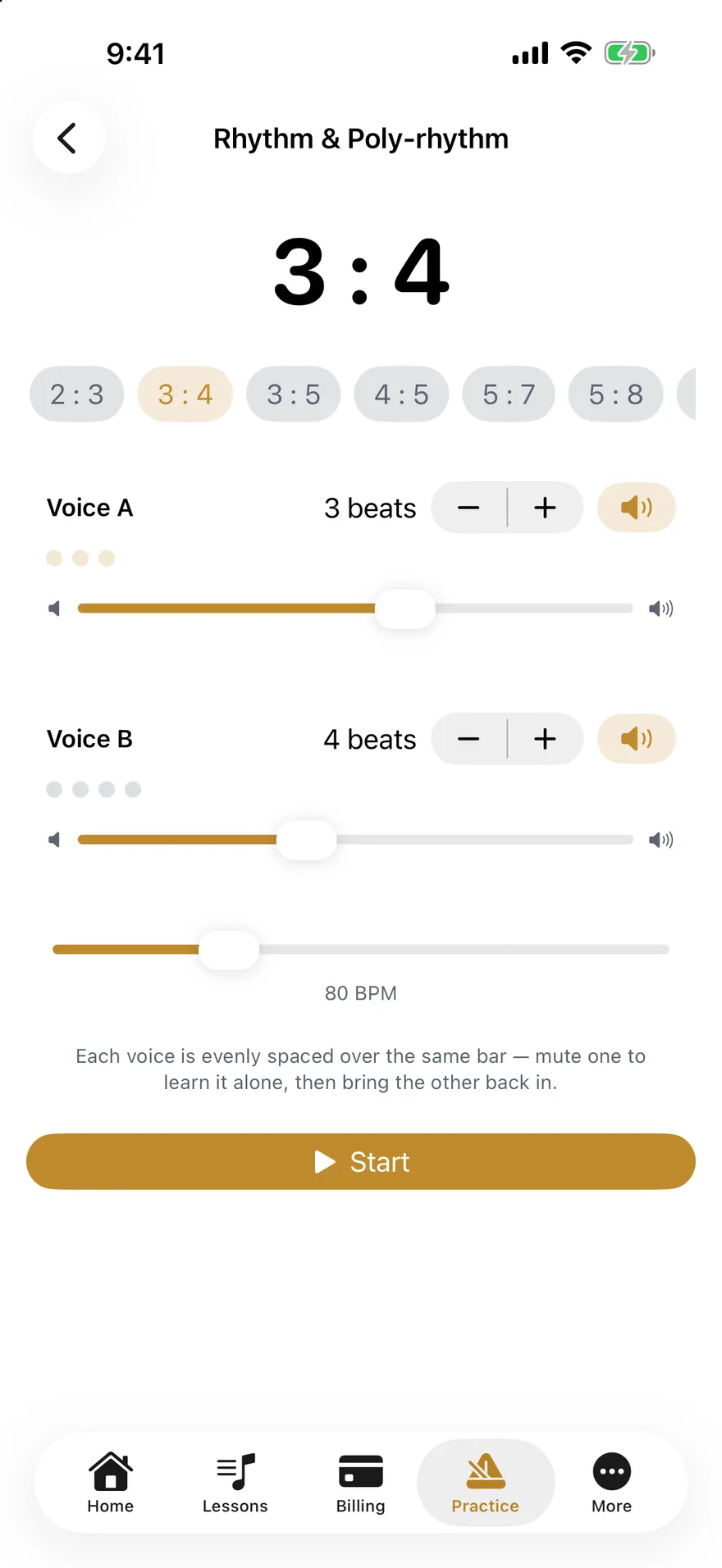 The Rhythm and Poly-rhythm screen set to three against four, with a voice for each rhythm, a mute button and a volume slider for each, and a tempo slider at 80 beats a minute.