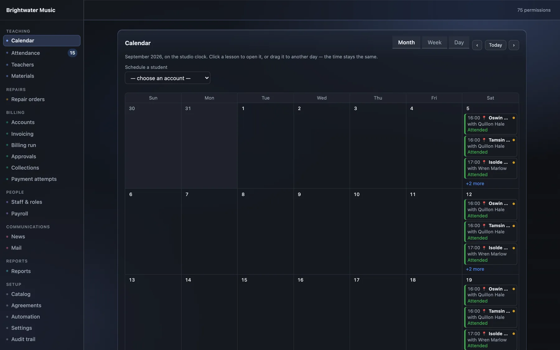 The calendar in month view for September. Lessons sit on the days they fall, each showing the time, the student and the teacher, with a link to expand any day holding more than three.